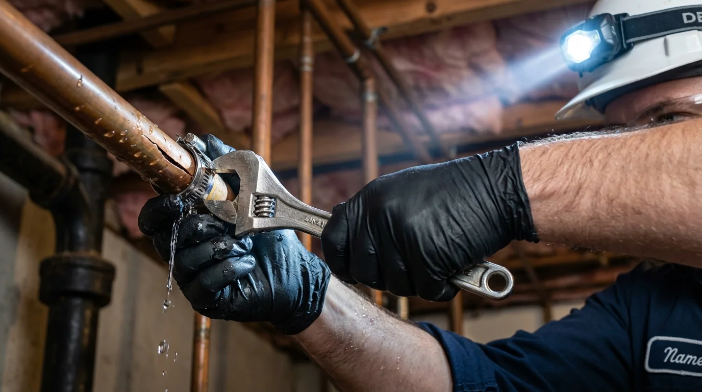 Emergency pipe clamp repair being performed by a Johns Plumbing LLC plumber in Brookline