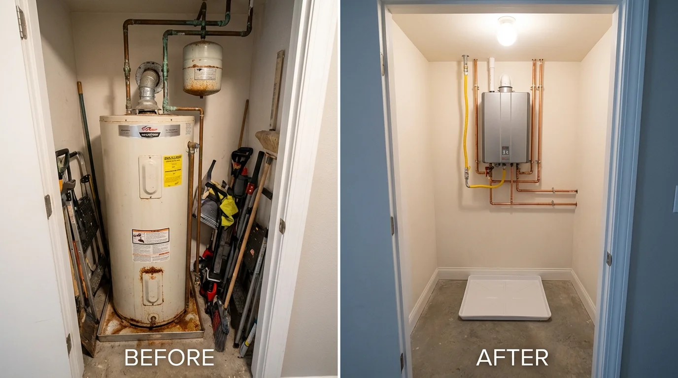 Tank water heater versus wall-mounted tankless unit comparison for Brookline, MA homeowners
