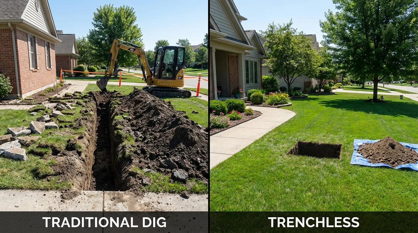 Trenchless sewer repair with minimal yard damage versus traditional excavation in Brookline, MA